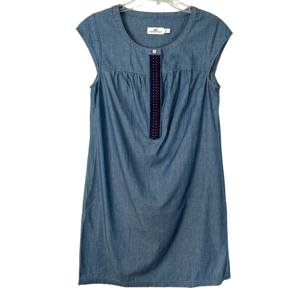 Vineyard Vines Dress Sz 6 Chambray Embroidered Medium Wash Blue